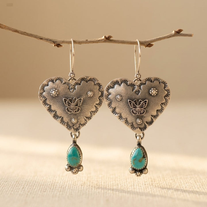 Pendientes Corazón Plateado Turquesa Artesanal