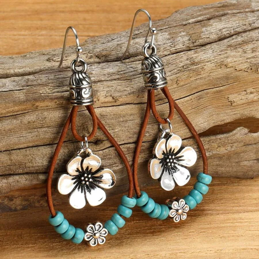 Pendientes Gota Cuero y Flor Turquesa