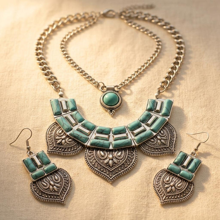 Conjunto Collar Turquesa Corazones Plateados