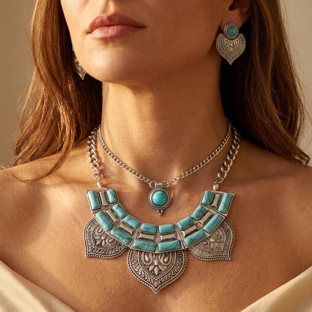 Conjunto Collar Turquesa Corazones Plateados