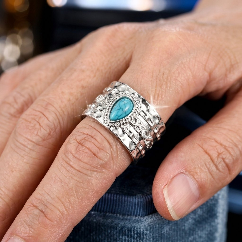 Anillo Ancho Turquesa Texturizado