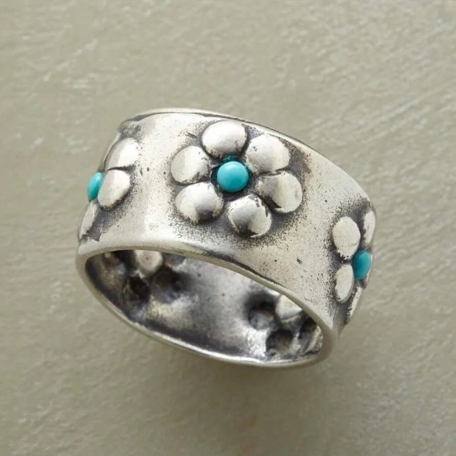 Anillo Ancho Flores Turquesa Plateado