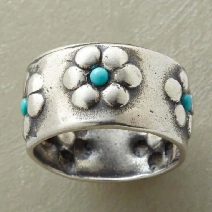 Anillo Ancho Flores Turquesa Plateado
