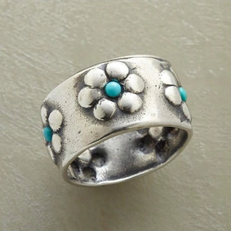 Anillo Ancho Flores Turquesa Plateado