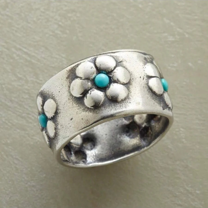 Anillo Ancho Flores Turquesa Plateado