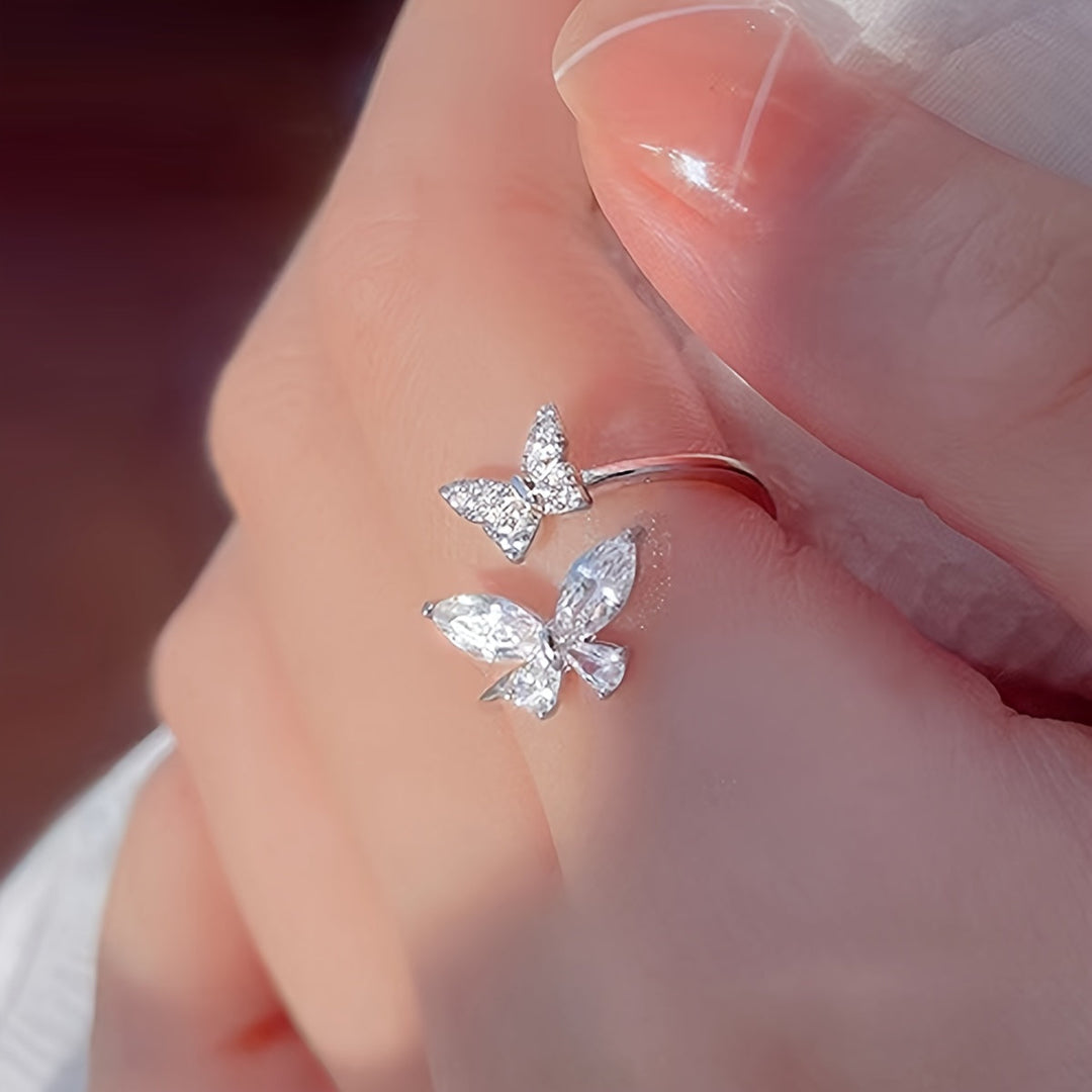 Anillo Doble Mariposa Circonitas Oro Blanco