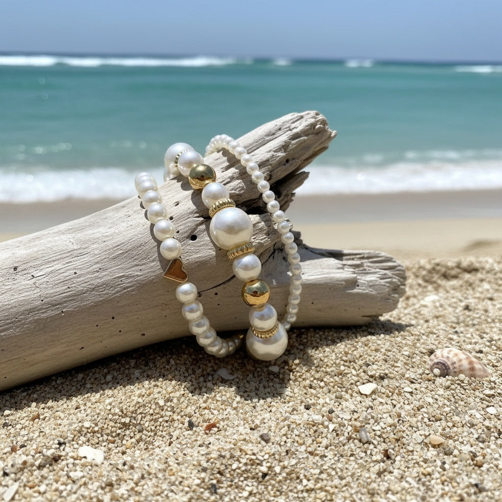 Conjunto de Pulseras Apiladas de Perlas