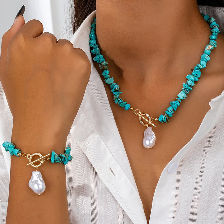 Conjunto de Collares y Pulsera Turquesa y Perla