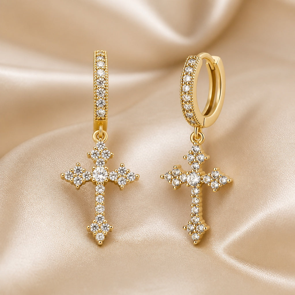 Pendientes Cruz Circonitas Oro Blanco