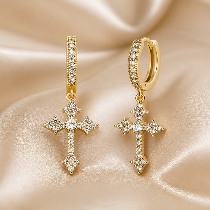Pendientes Cruz Circonitas Oro Blanco