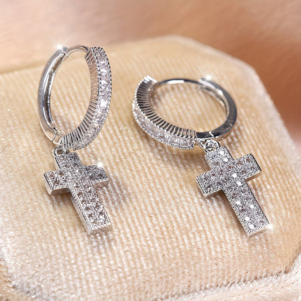 Pendiente Cruz de zirconia plateado