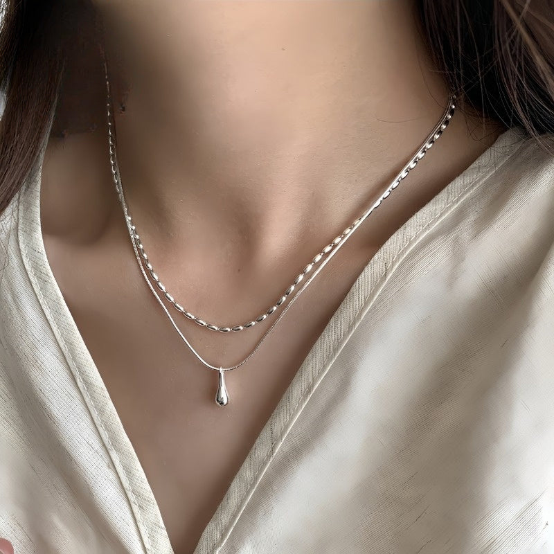Collar Doble Capa Colgante Gota Oro Blanco