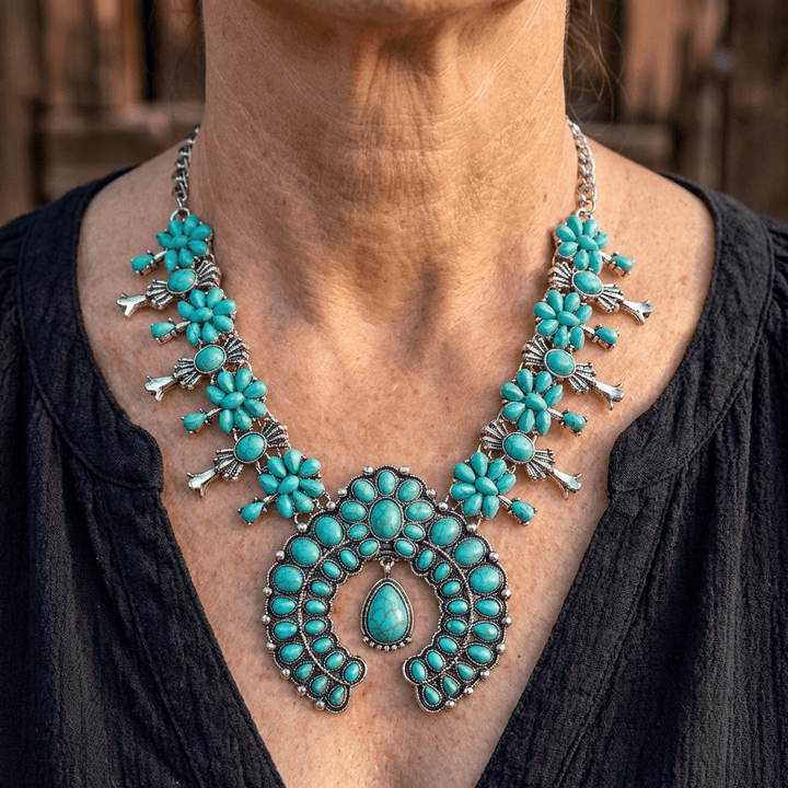 Collar Flor Turquesa Étnico Largo