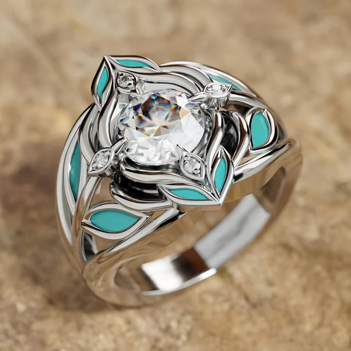 Anillo Hoja Turquesa y Cristal