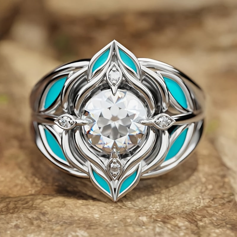 Anillo Hoja Turquesa y Cristal