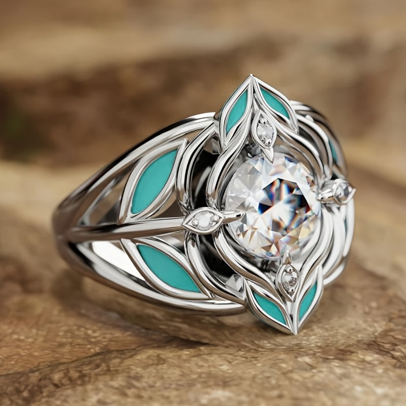 Anillo Hoja Turquesa y Cristal