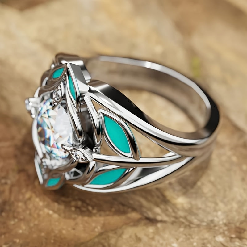 Anillo Hoja Turquesa y Cristal