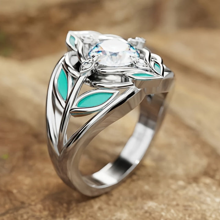 Anillo Hoja Turquesa y Cristal