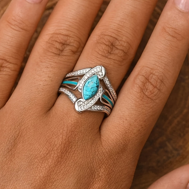 Anillo Marquesa Turquesa Cristal Plateado