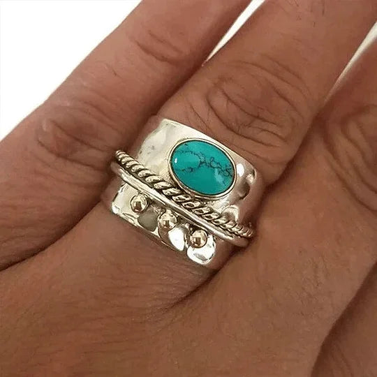 Anillo Ancho Turquesa de Oro y Plata