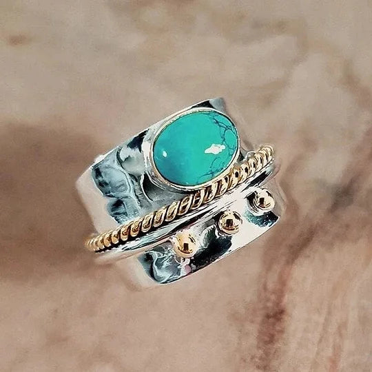 Anillo Ancho Turquesa de Oro y Plata