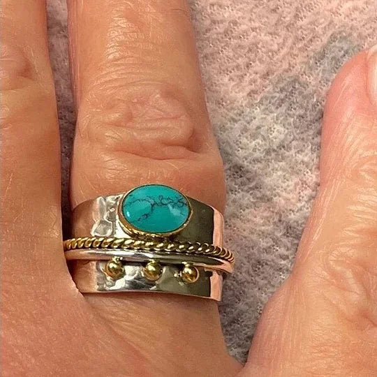 Anillo Ancho Turquesa de Oro y Plata