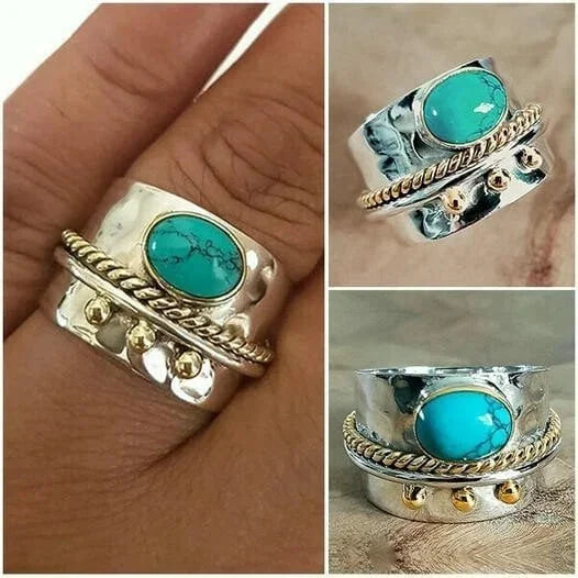 Anillo Ancho Turquesa de Oro y Plata