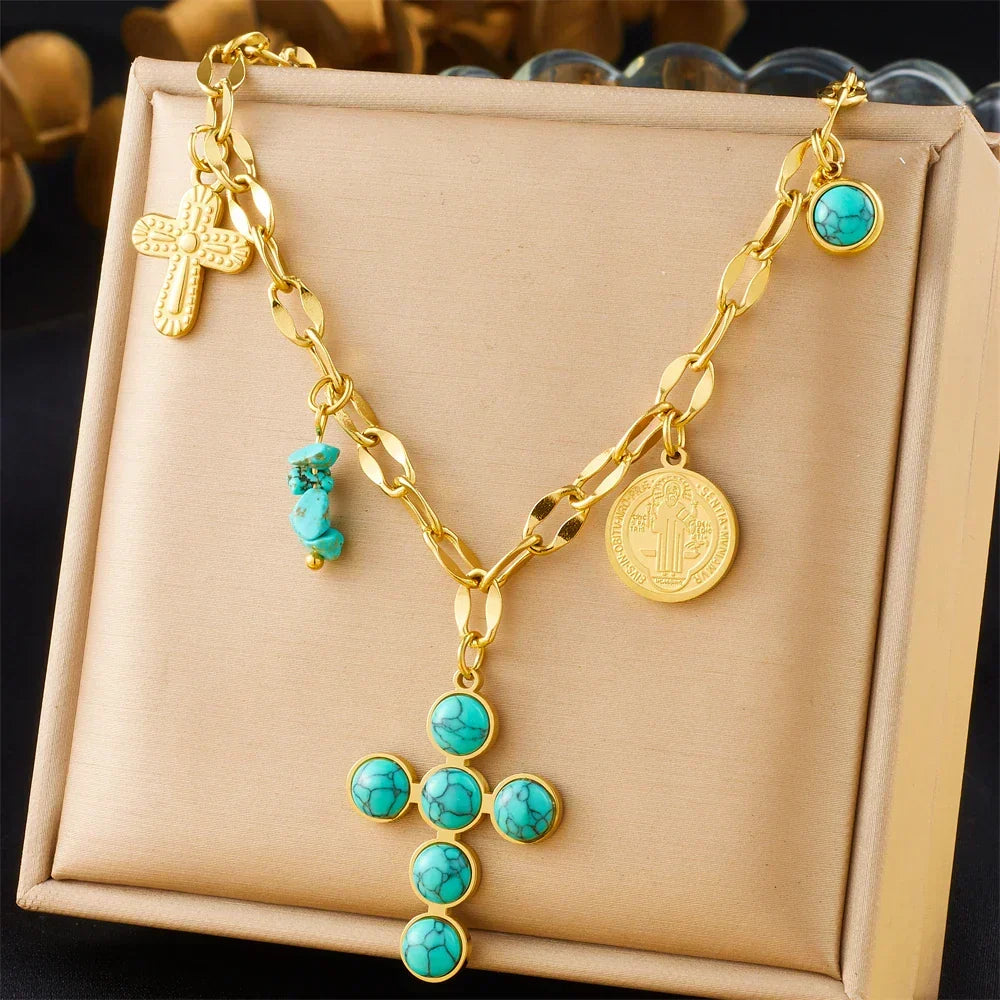 Collar Cruz y Moneda Turquesa de Oro