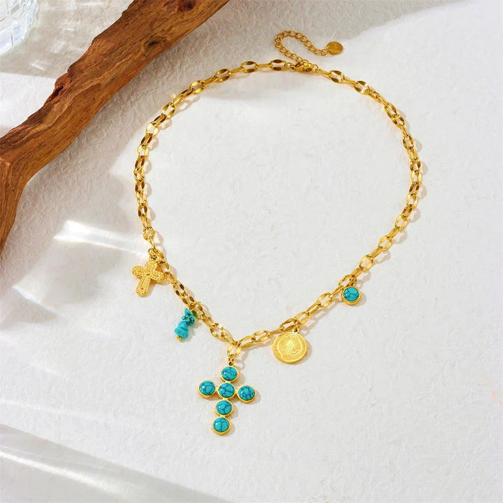 Collar Cruz y Moneda Turquesa de Oro