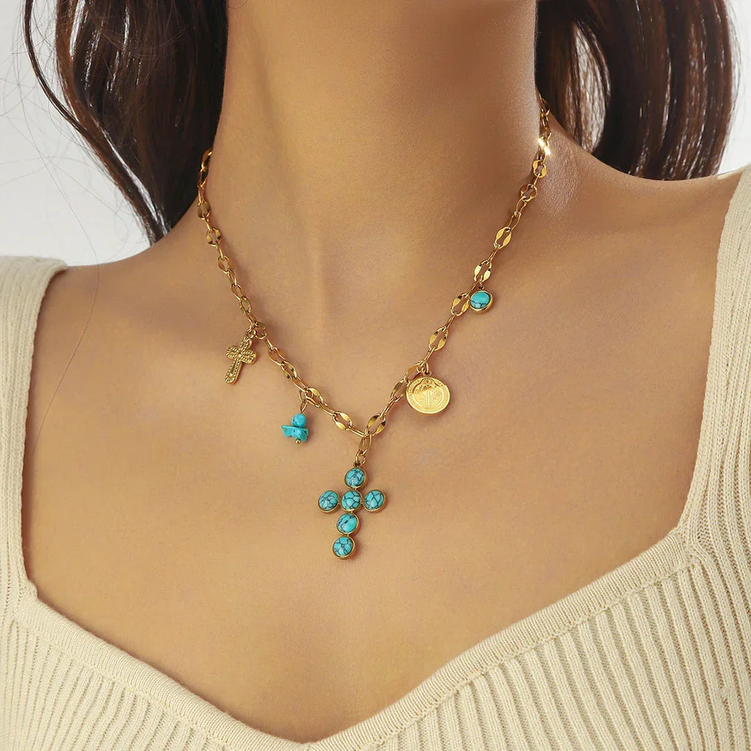 Collar Cruz y Moneda Turquesa de Oro