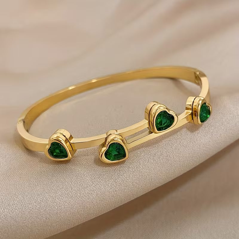 Pulsera Corazones Verdes Oro