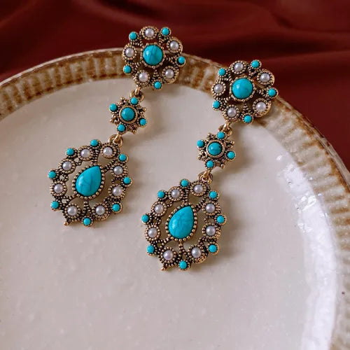 Pendientes Flores y Perla Turquesa de Oro