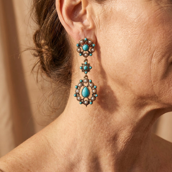 Pendientes Flores y Perla Turquesa de Oro