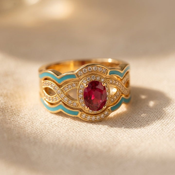 Anillo Oval Turquesa y Piedra Roja