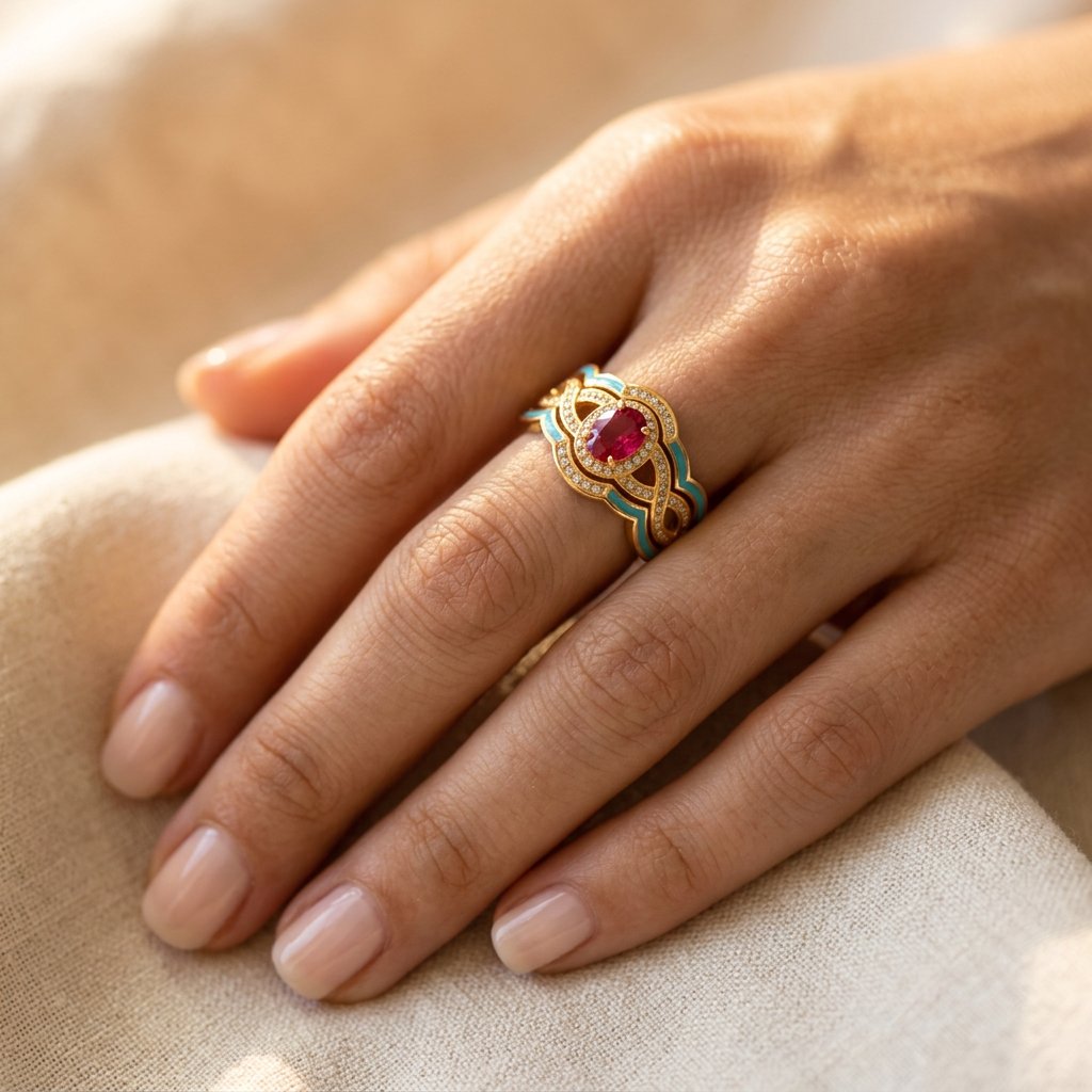 Anillo Oval Turquesa y Piedra Roja