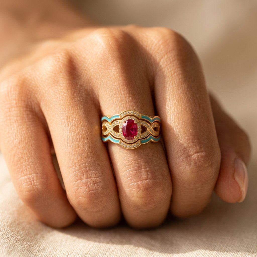 Anillo Oval Turquesa y Piedra Roja