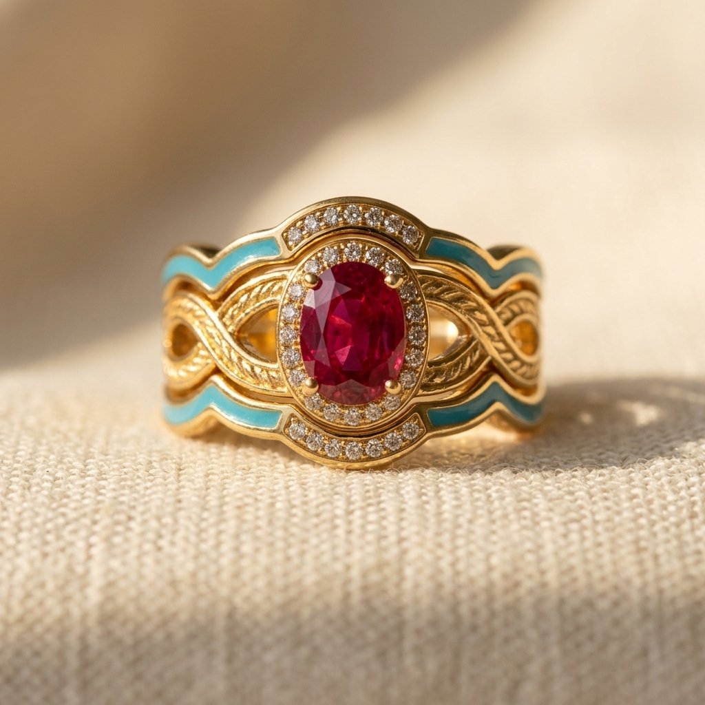 Anillo Oval Turquesa y Piedra Roja