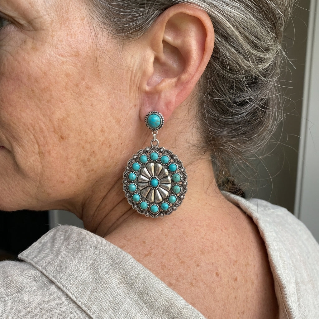 Pendientes Medallón Turquesa y Perlas