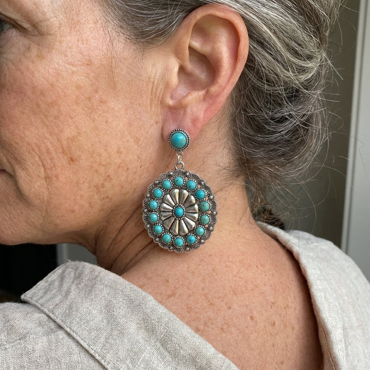 Pendientes Medallón Turquesa y Perlas