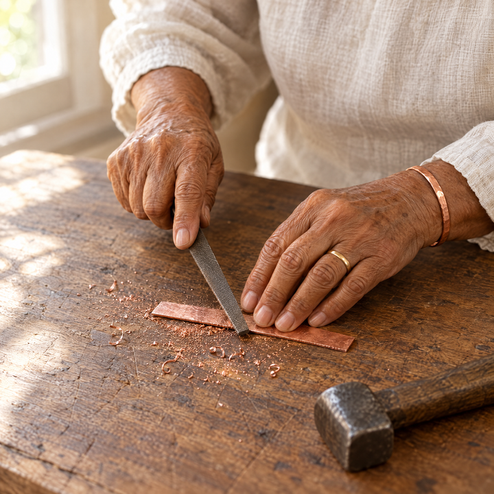 Manos de artesana trabajando el cobre