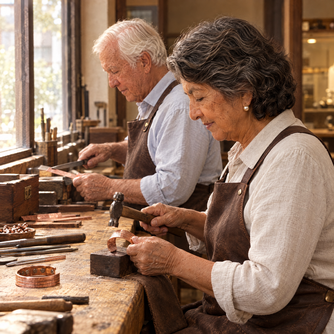 Isabel y Antonio trabajando el cobre en su taller