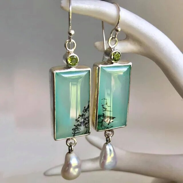 Pendientes Rectangulares Turquesa y Perla