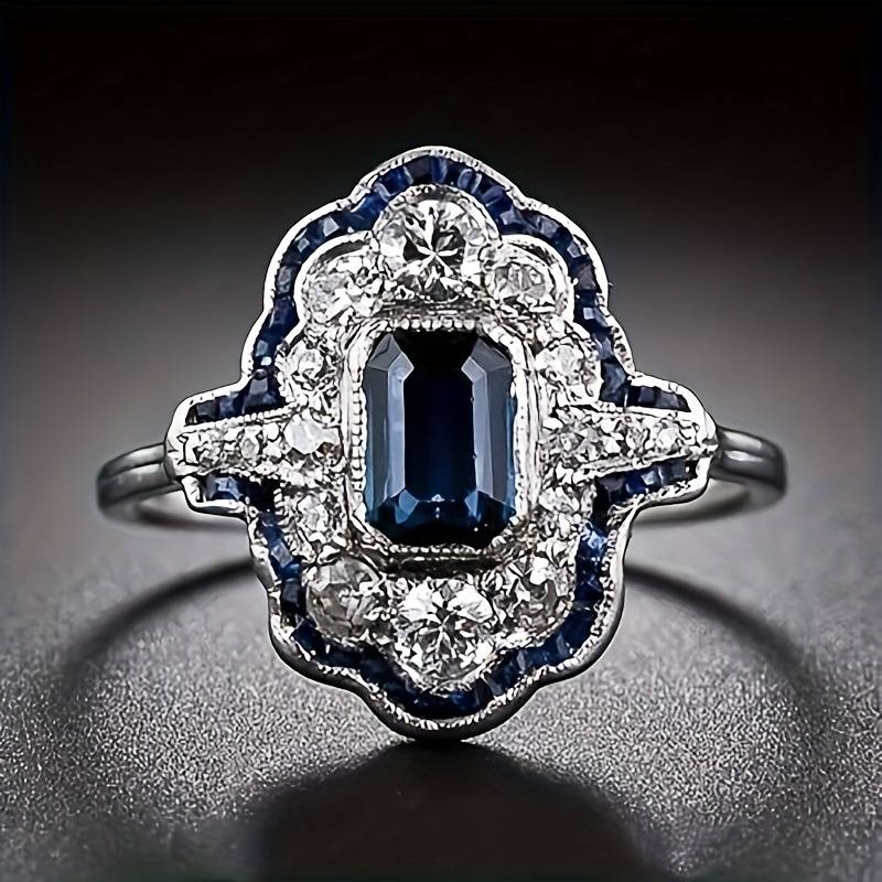 Anillo Vintage Cristal Azul Plateado