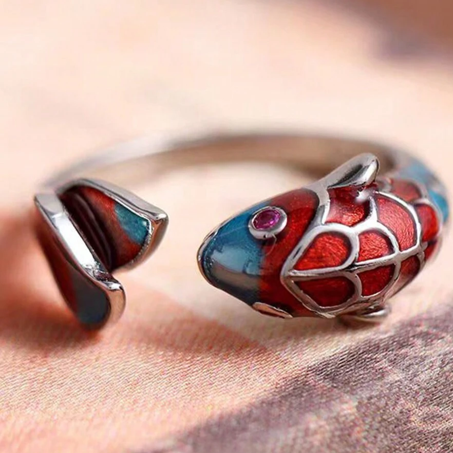 Anillo Vintage Esmaltado con Koi y Pez
