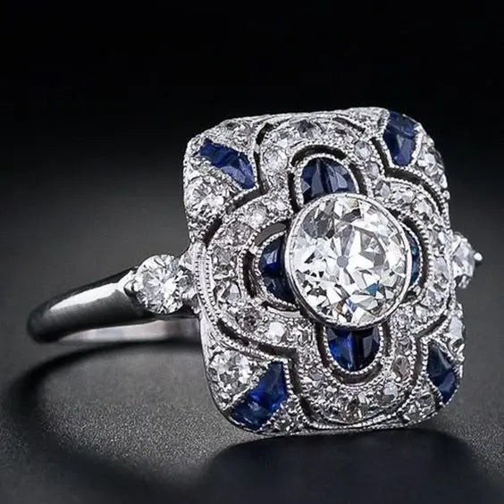Anillo Vintage Plateado Circonita Azul