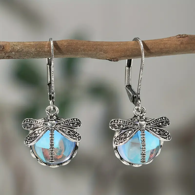 Pendientes de libélula azul con cristal