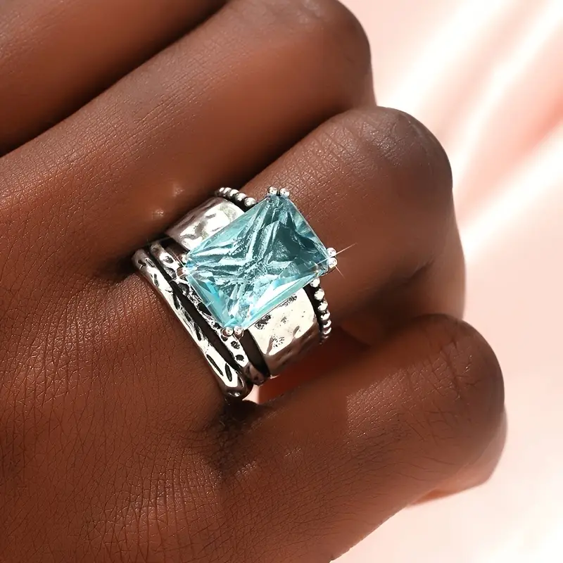 Anillo Plateado Cristal Océano
