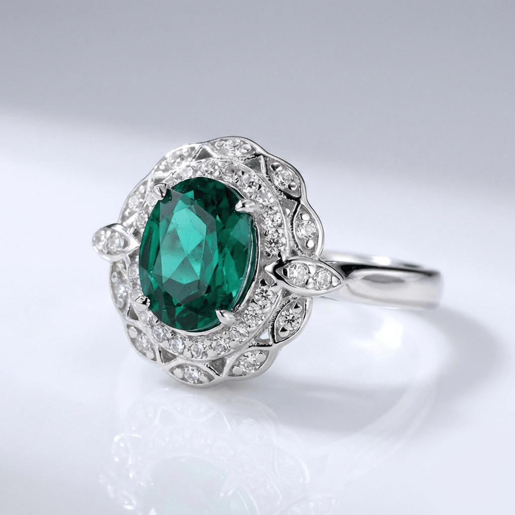 Anillo Vintage Ajustable con Flor y Esmeralda