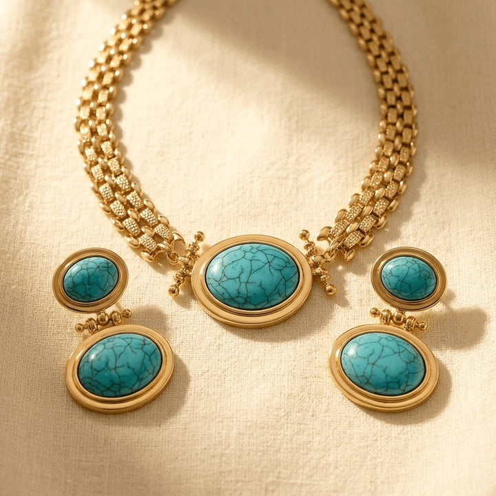 Conjunto Collar y Pendientes Ovalados Turquesa