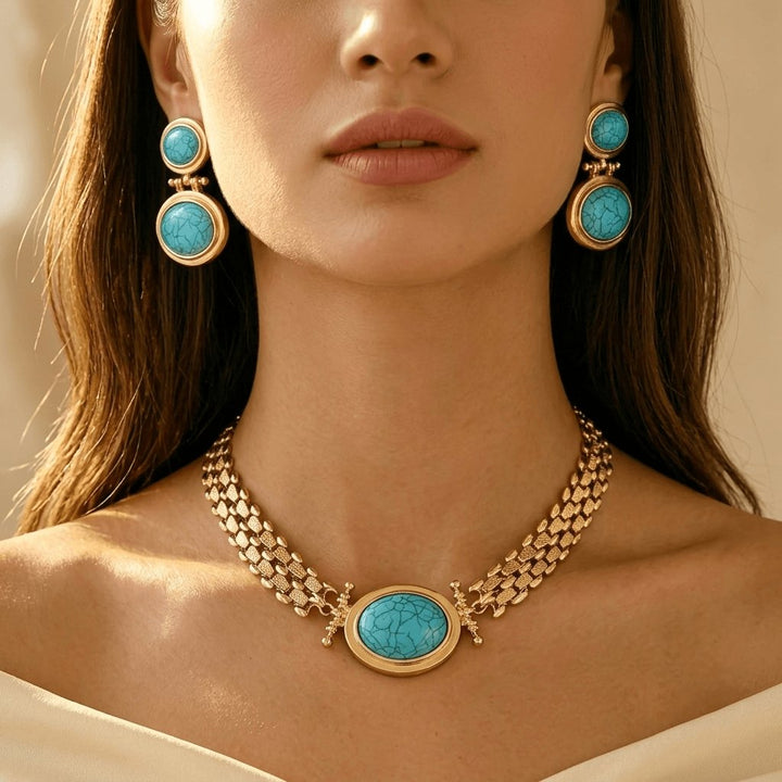 Conjunto Collar y Pendientes Ovalados Turquesa